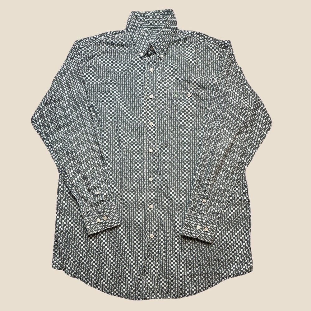 Wrangler Shirt Mens XL Teal Green Geometric Square Button Down Long Slv Western